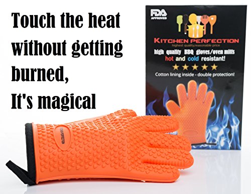 No.1 Set of Silicone Smoker Oven Gloves - Extreme Heat Resistant Washable Mitts for Safe Cooking Baking & Frying at The Kitchen,BBQ Pit & Grill. Superior Value Set + 3 Bonuses (Orange)