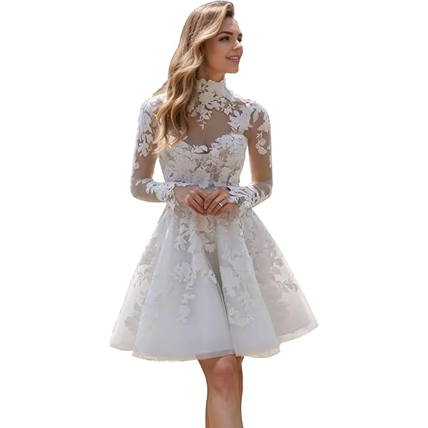 Simple Tea Length Wedding Dress Winaiwi Long Sleeve Short Wedding Dresses  Lace High Neck A Line Bridal Gowns For Wedding 2025 Ivory Size At Amazon  Women's Clothing Store