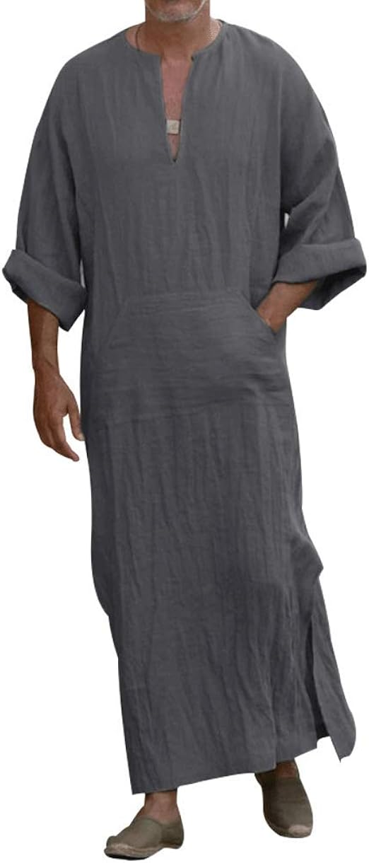 Honiee Men's Caftan VNeck Short Sleeve Robe Side Split Cotton Long