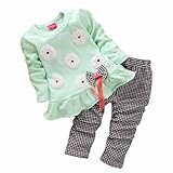 XILALU Kids Girls Long Sleeve Flower Bow Shirt Plaid Pant Set Clothing (2-3Y, Green)