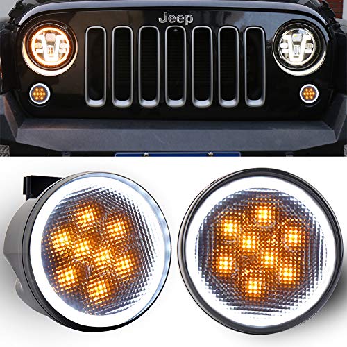 JK Turn Signal Lights White DRL Amber LED Front Grill Signal Parking Lights Smoke Lens Replace 2007-2017 Jeep Wrangler JK JKU