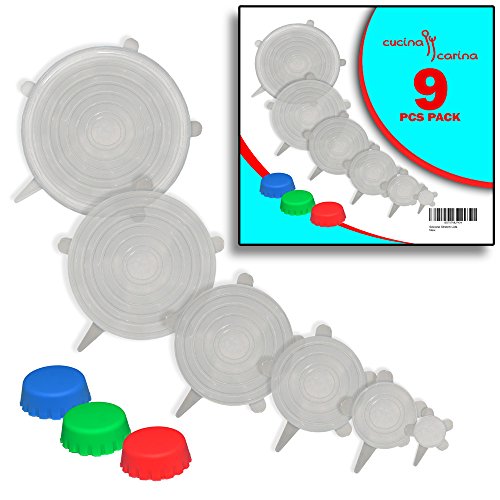 Reusable SILICONE STRETCH LIDS (9 pack) - No More Cling Wrap - Universal Non-Toxic BPA Free Modern Clear Covers Fit Various Sizes Bowls, Jars, Cups, Cans, Casseroles, Pots, Pans, Plates or Bottles