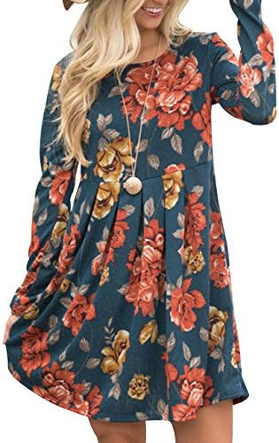 OLYR Women's Fall Winter Pleated Midi Dress Long Sleeve Floral Print Casual Swing Tunic Tee Shirt Dress (M, Navy Floral)