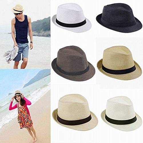 Unisex Beach Sun Straw Hat, Summer Straw Trilby Gangster Cap Band Fedora Panama Sunhat for Women Men (White) - Thumbnail 3