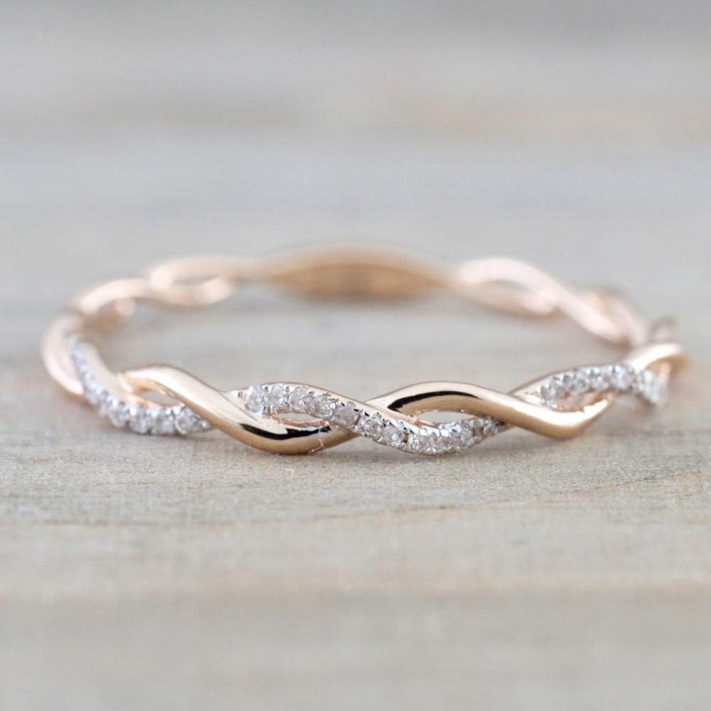 HUAY Twisted Shape,Diamond Wedding Band 14k Gold,Full Eternity Ring,Engagement Ring,Stacking Matching Band,Anniversary Ring,Curved Design (Rose Gold,8)