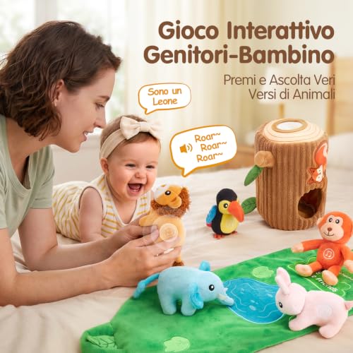 hahaland Giochi Bambini 1 Anno, Set di Peluche Animali con Suoni Realistici | 6 Animali Giungla con Suoni, 2 in 1 Tappetino da Gioco & Borsa, Giocattoli Montessori Sensoriale, Regalo 6 9 12 Mesi