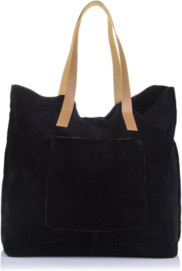 Firenze Artegiani Bolso Shopping Bag De Piel Auténtica, Acabado Gamuza Messenger Bag, 50 cm, Black (Negro)