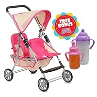 Exquisite Buggy, My First Doll Twin Stroller Soft Pink & Off-White Design With 2 FREE Magic Bottles Included