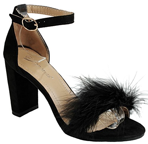 Women's Black Fluffy Feather Strappy Open Toe Mary Jane Faux Suede Pom Pom Block Heel Dress Sandal-5 - Thumbnail 4