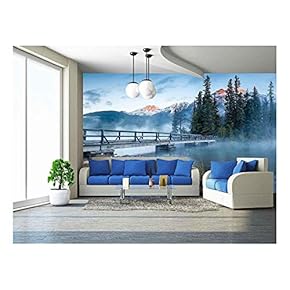 First Glimpse of a Golden Sunrise on a Misty and Foggy Morning at Pyramid Lake in Jasper National Par - Removable Wall Mural | Self-Adhesive Large Wallpaper - 66x96 inches