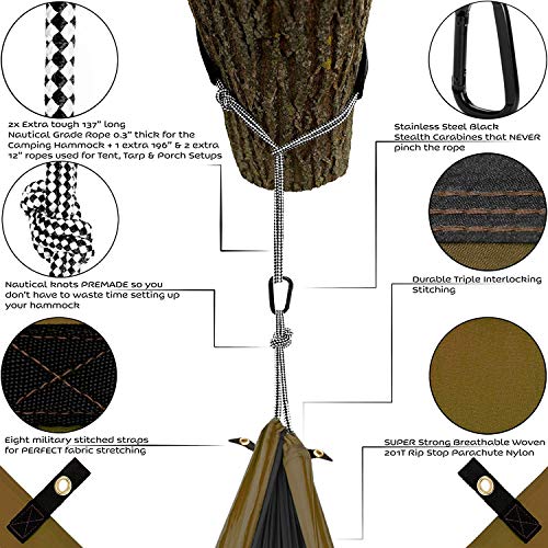 Lazy Monk Camping Hammock | Portable Outdoor Folding Hamock for Travel & Backpacking | Double Two People 2 Person Hammock with Tree Straps | Hamaca para dos - Best Accessories Kit + Bandana