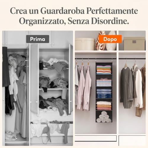 Lifewit Hanging Closet Organizer with 5 Shelves and 2 Sturdy Hooks, Indoor Wardrobe Shelves, Foldable Organizer, Clothes Storage, 40 Inch (H), Grey, Set of 2