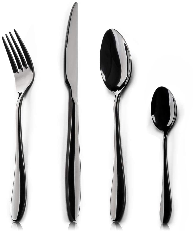 HaWare 24 Piece Black Cutlery Flatware Set, Stainless Steel Silverware with Knife Spoon Fork, Service for 6, Mirror Finish, Dishwasher Safe