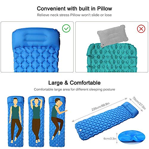 Evoland Camping Sleeping Pad with Pillow, Self Inflating Sleeping Pad for Camping, Backpacking, Hiking, Lightweight, Waterproof, Compact, Durable, Storage Bag Included (Blue)