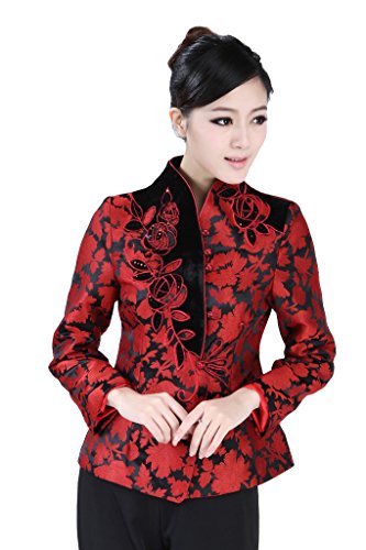 JTC Women Chinese Jacket Long Sleeve Flowers 2 Colors (4/6, Red)