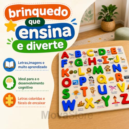 Tabuleiro Alfabeto em Madeira Montessoriano Educativo Brinquedo Pedagógico para Crianças 26 Letras Coloridas com Palavras e Figuras Ilustrativas Bilíngue Português e Inglês