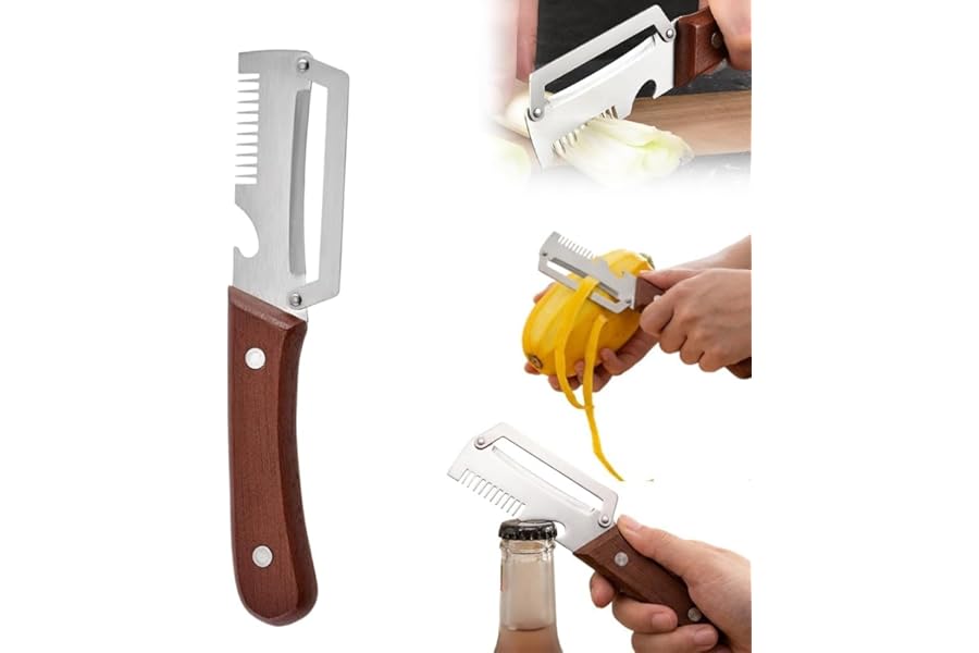 Multifunctional Vegetable Peeler with Wooden Handle and Bottle Opener, Stainless Steel Peelers for Kitchen, Multi Functional Vegetable Peeler for Fruit Potato Carrot Pumpkin Zucchini(1-PACK)