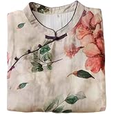 Chemisier Hanfu Été Ample En Coton-Lin – Manches 3/4, Col V, Boutons Grenouille Chinois Traditionnels, Style Décontracté Floral Multicolore – Taille L