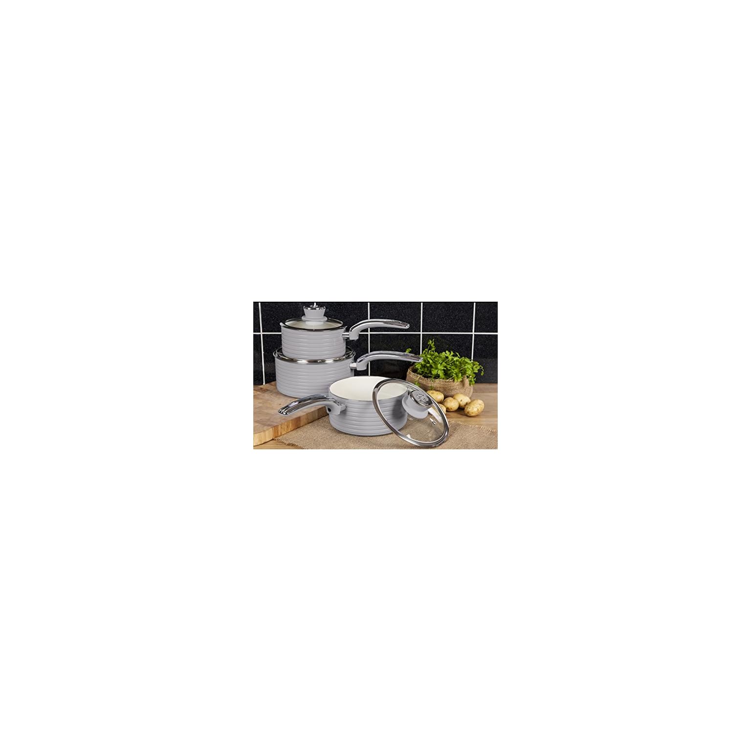 Swan SWPS3020GRN Retro Induction Saucepan Set With Glass Lids, Non