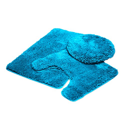 Mary 3 Piece Bathroom Rug Set, Luxury Soft Plush Shaggy Thick Fluffy Microfiber Bath Mat, Countour Rug, Toilet Seat Lid Cover, Non-Slip Rubber Back, Floor Mats Water Absorbent (Turquoise)