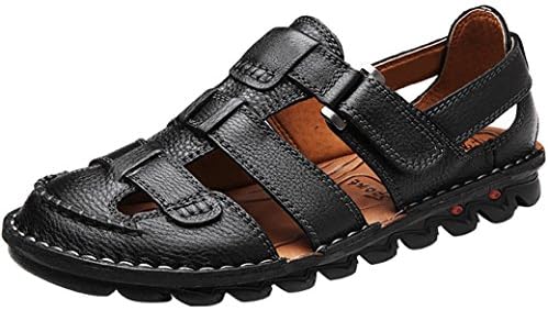 Mens Hand Stitching Outdoor Closed Toe Leather Sandals Beach Slipper Shoes, Adjustable Heel Strap Slip on Sandals