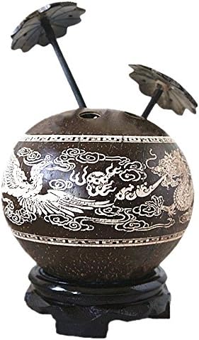 BaibaiShun Handicrafts China Wooden Coconut Shell Carving Pen Vase with Dragon and Phoenix Bring Rejoicing Pattern for Office Supplies, Ornament or Unique Gift(Brown,Coloring)