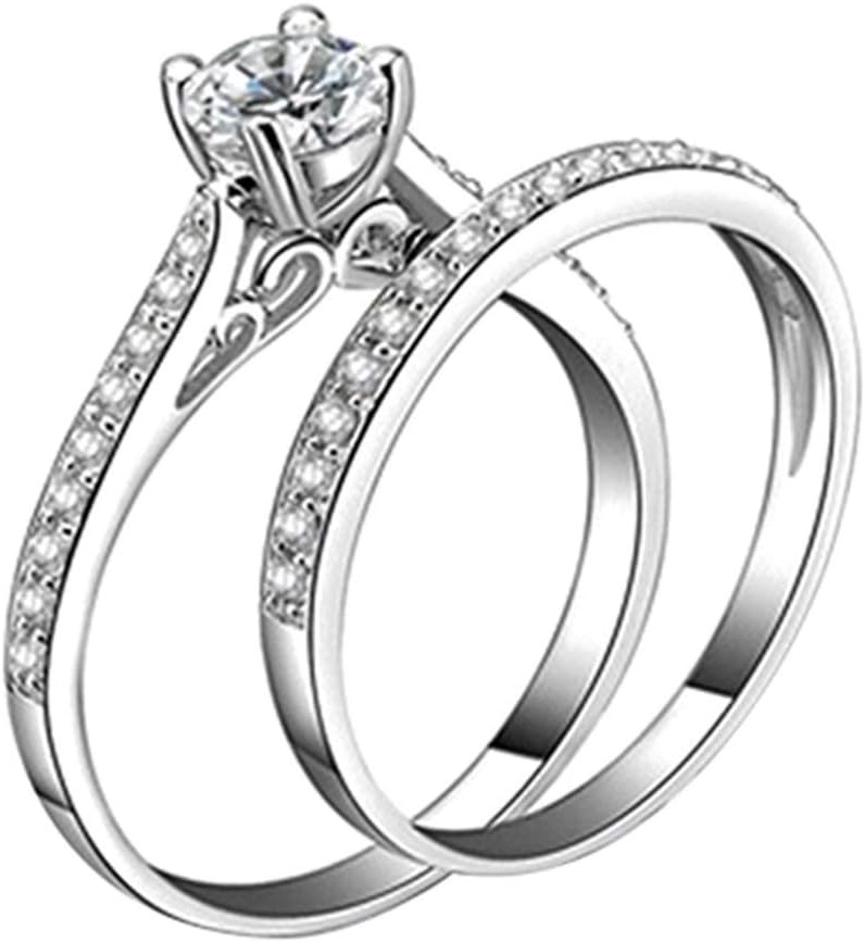 Amesii Women Engagement Wedding 2Pcs Set Cubic Zirconia 925 Sterling Silver Rings Size 6-10 - US 9
