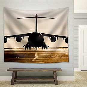 Large Military Cargo Plane Silhouette on an Empty airstrip - Fabric Wall Tapestry Home Decor - 51x60 inches