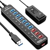 APANAGE Powered USB 3.0 Hub, 11 Ports USB Hub Splitter (7 High Speed Data Transfer Ports + 4 Smart Charging Ports) with Individual On/Off Switches and 48W Power Adapter for Mac Pro/mini, PC, HDD, Disk
