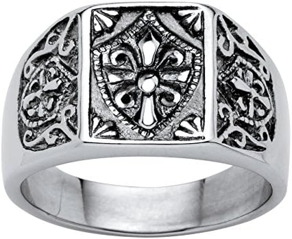 Men's Stainless Steel Cross and Crest Signet Ring