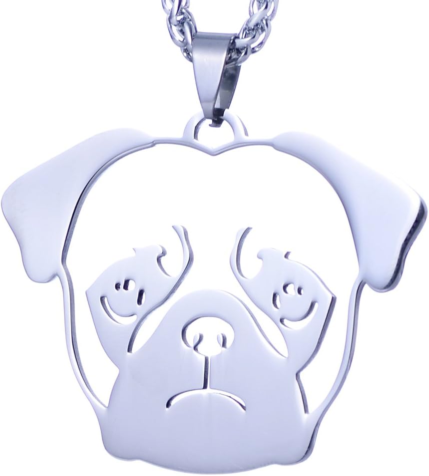 Stainless Steel Pug Puggie Puggy Head Face Silhouette Dog Silhouette Pet Dog Tag Breed Collar Charm Pendant Necklace