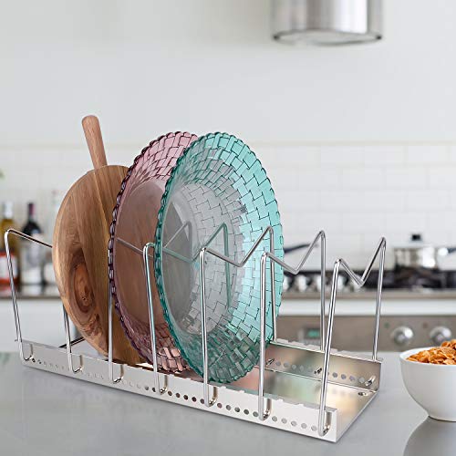 Stainless Steel Dish Rack Kitchen Pot Pan Lid Cutting Board Adjustable Organizer Holder with Drain Tray for Cabinet and Pantry Storage Organization, 6 Compartments - Thumbnail 5