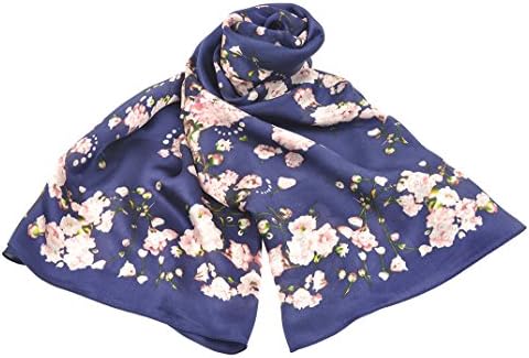 HYACINTH 100% Mulberry Silk Fashion Pattern Long Scarf With Flower Design (Dark Blue)