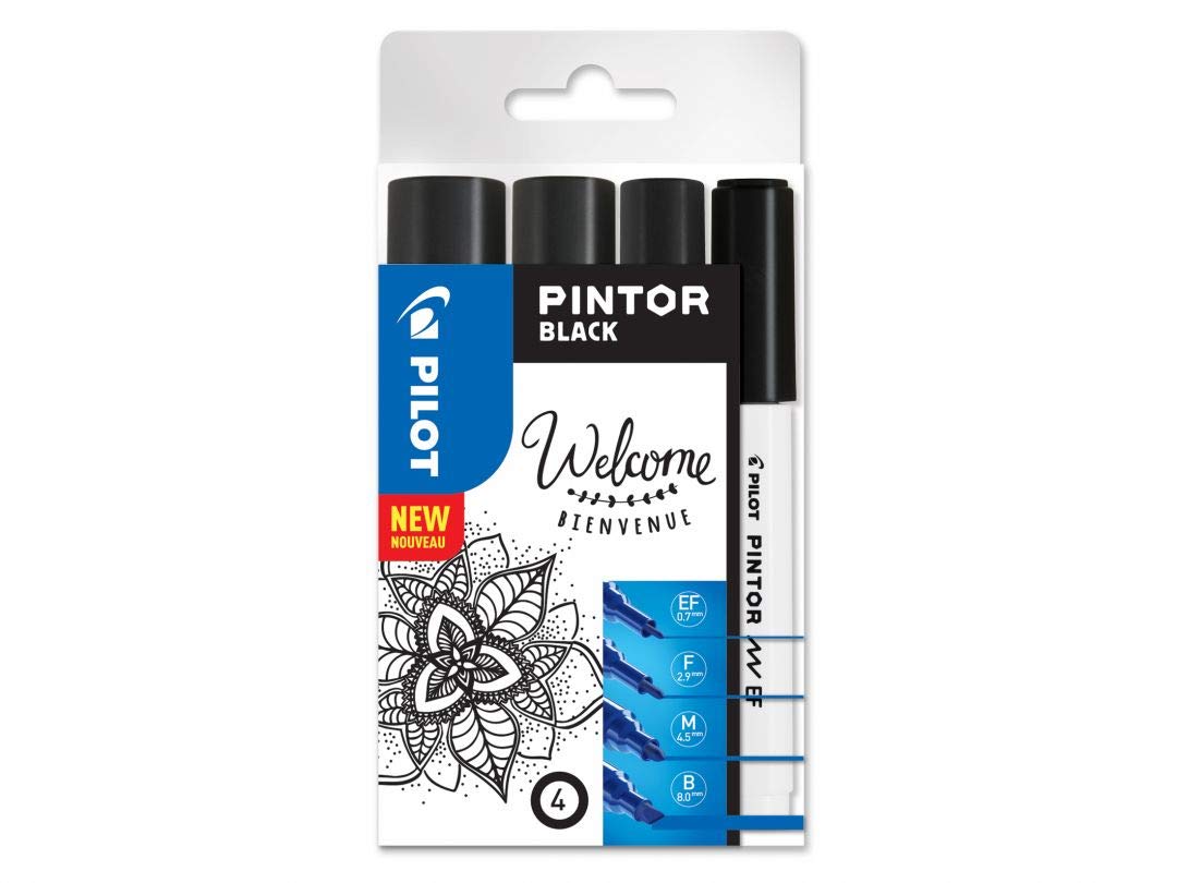PILOT - Pintor, Set of 4 Creative Multi-Surface Water-Based Permanent Markers - Quick Dry - For Fabrics, Glass, Wood, Stone, DIY/Amateur Artists - Extra Fine, Fine, Medium and Broad Tips - Black