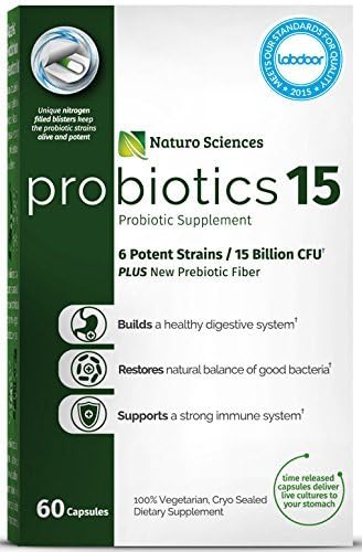 Naturo Sciences Probiotics Ultrabiotics 15 Billion CFU Advanced Probiotic Supplement; 60 Easy to Swallow Time Released Capsules Packaged in Dry Nitrogen Filled Blister Packs to Prevent Product Degrad