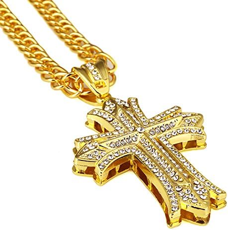 Eamaott Men Hip Hop Long Sweater Chain Cross Rhinestone Alloy Pendant Necklace Gold