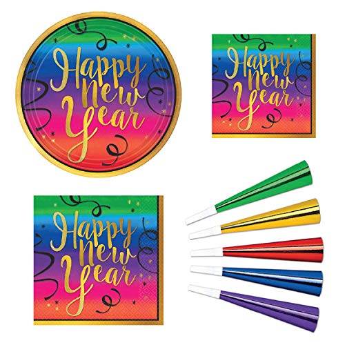 FAKKOS Design Happy New Years Eve Party Supplies Pack - Colorful Paper Plates, Napkins, Noisemakers for 16 Guests - Thumbnail 5