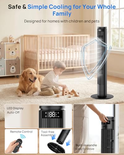Tower Fan 92 cm with Adjustable LED Screen (Total Off) and Remote Control with Mute Button, Silent Column Fans 28dB, 6 Speeds+5 Modes, Oscillation 70°, 8 m/s, Timer 12h