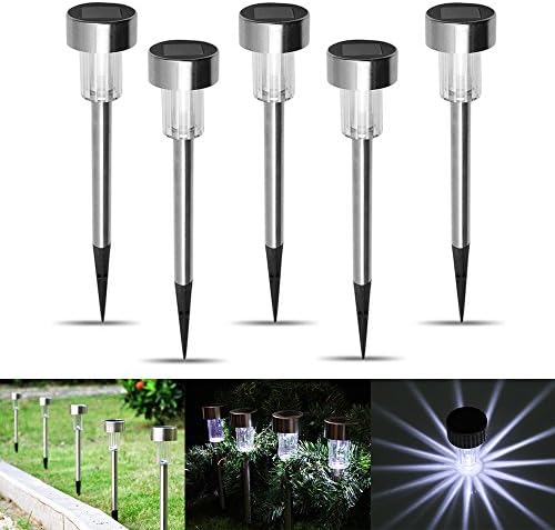 SZMINILED Solar Power Path Lights LED Garden Stake Light Stainless Steel Spot Lamp For Outdoor Landscape Yard Patio Pathway White (5 Pack)