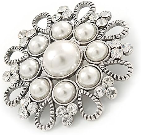Vintage Inspired Bridal/Wedding/Prom Glass Pearl, Clear Crystal Flower Brooch In Silver Tone - 50mm D, silver, white / ivory - Image 5