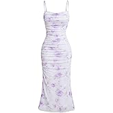ACOSAP Women's Floral Ruched Bodycon Midi Dress Sleeveless Mesh Fishtail Slip Dresses