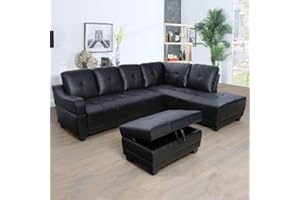 UBGO Living Room Furniture Cup Holder,L-Shape Couch with Chaise Lounge & Storage Ottoman,PU Synthetic Leather Sectional Sofa Set for Apartments, Black(Right Hand Facing)-C
