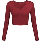 Kindcall V Neck Crop Tops Long Sleeve Shirts Slim Fit Base Layer for Women