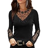 Women's Long Sleeve Fitted Blouse with V-Neck Lace Cutout & Lace Panel Sleeves – Casual Daily Top