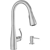 Moen Essie Spot Resist Stainless Pulldown Sprayer Kitchen Sink Faucet Set with Modern Pump Soap Dispenser, 87014SRS