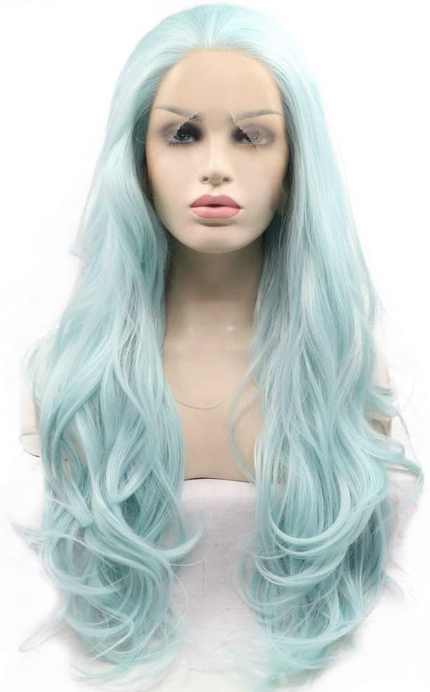 Light Blue Lace Front Wigs for Women Long Wavy Synthetic Baby Blue Wig Middle Part lace Bright Blue Wig Real Hair Wigs Pre-Plucked Hairline Heat Resistant Drag Cosplay 24 Inches - Image 3