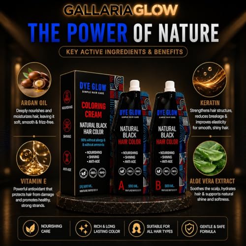 GALLARIAGLOW DyeGlow Hair Color Cream – Natural Black | Ammonia-Free & Non-Allergic Hair Dye | Nourishing & Anti-Aging Formula | 1000ml (500ml + 500ml)