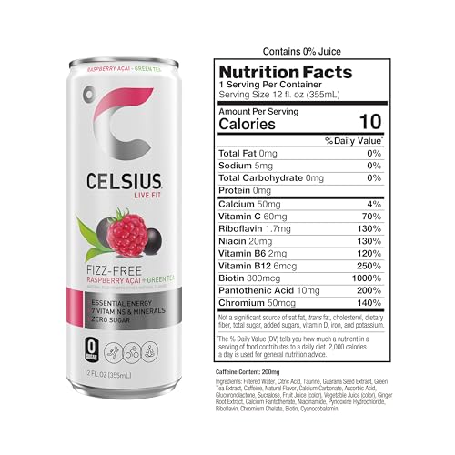CELSIUS RASPBERRY ACAI GREEN TEA, FUNCTIONAL ESSENTIAL ENERGY DRINK 12 FL OZ (PACK OF 12) PACKAGING MAY VARY