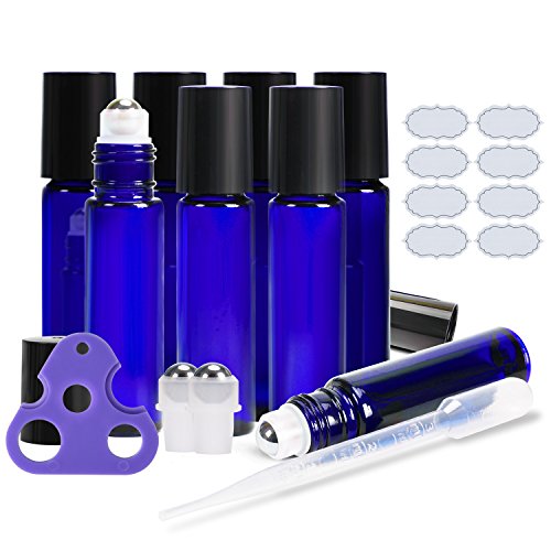 ULG Roll on Bottles 10ml Blue Glass Empty Bottles 8 Pack with Stainless Steel Roller Ball 2 Extra Balls 8 Piece Waterproof Labels 1 Opener and 3ml Dropper for Essential Oils - Thumbnail 7