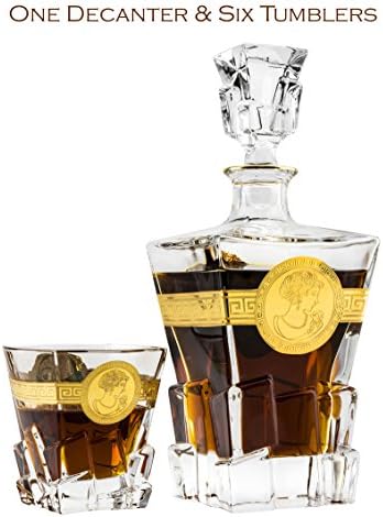 Victoria Bella 71-923004, 21 Oz. Crystal Decanter & Six 7.7 Oz. Whisky Scotch Brandy Glasses with Golden Trim, Classic Wedding Gift Carafe & Whiskey Tumblers, 1+6-Piece Set